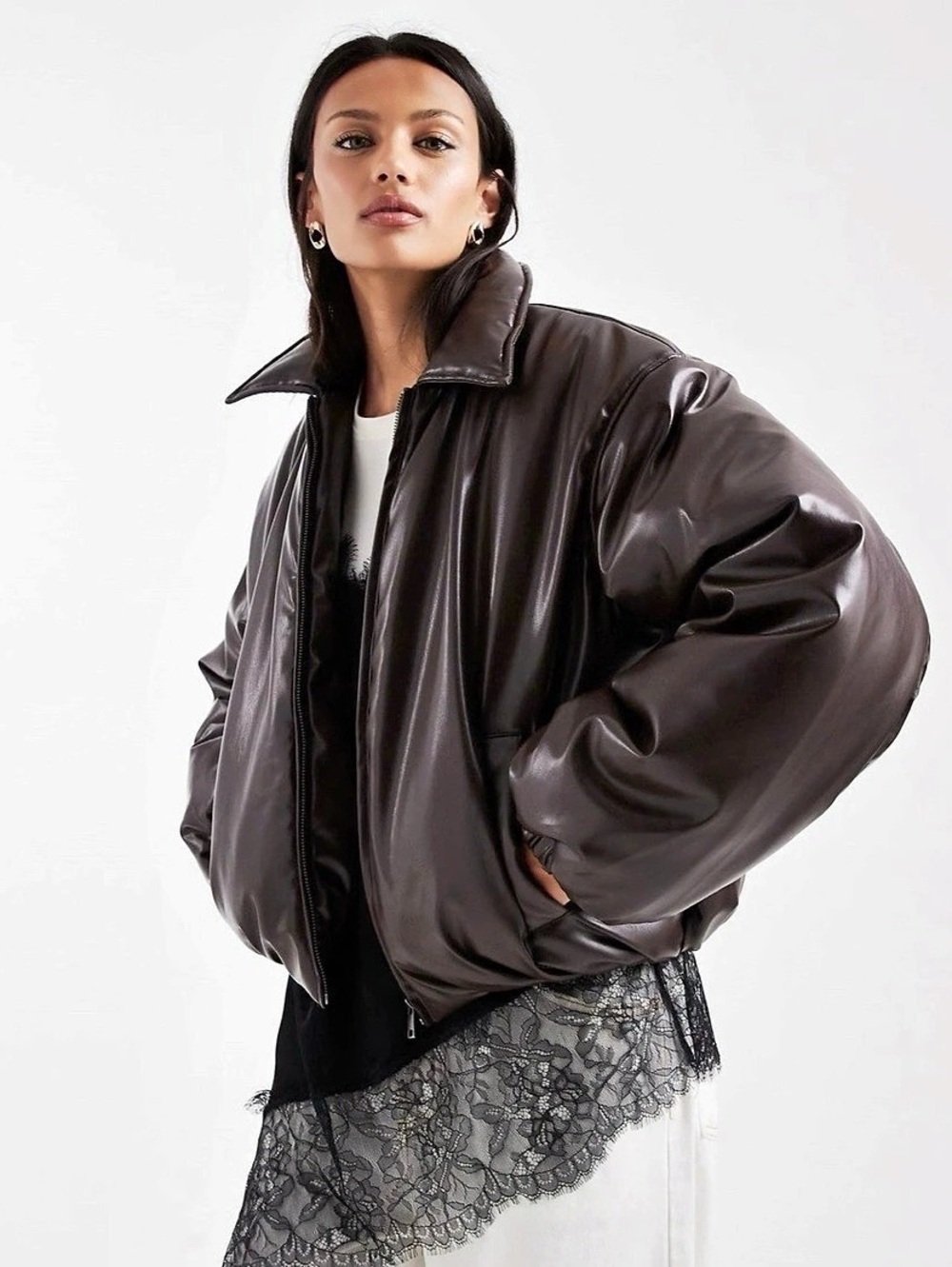 UYAA MISS Brown Faux Leather Puffer Jacket – Size L NWT